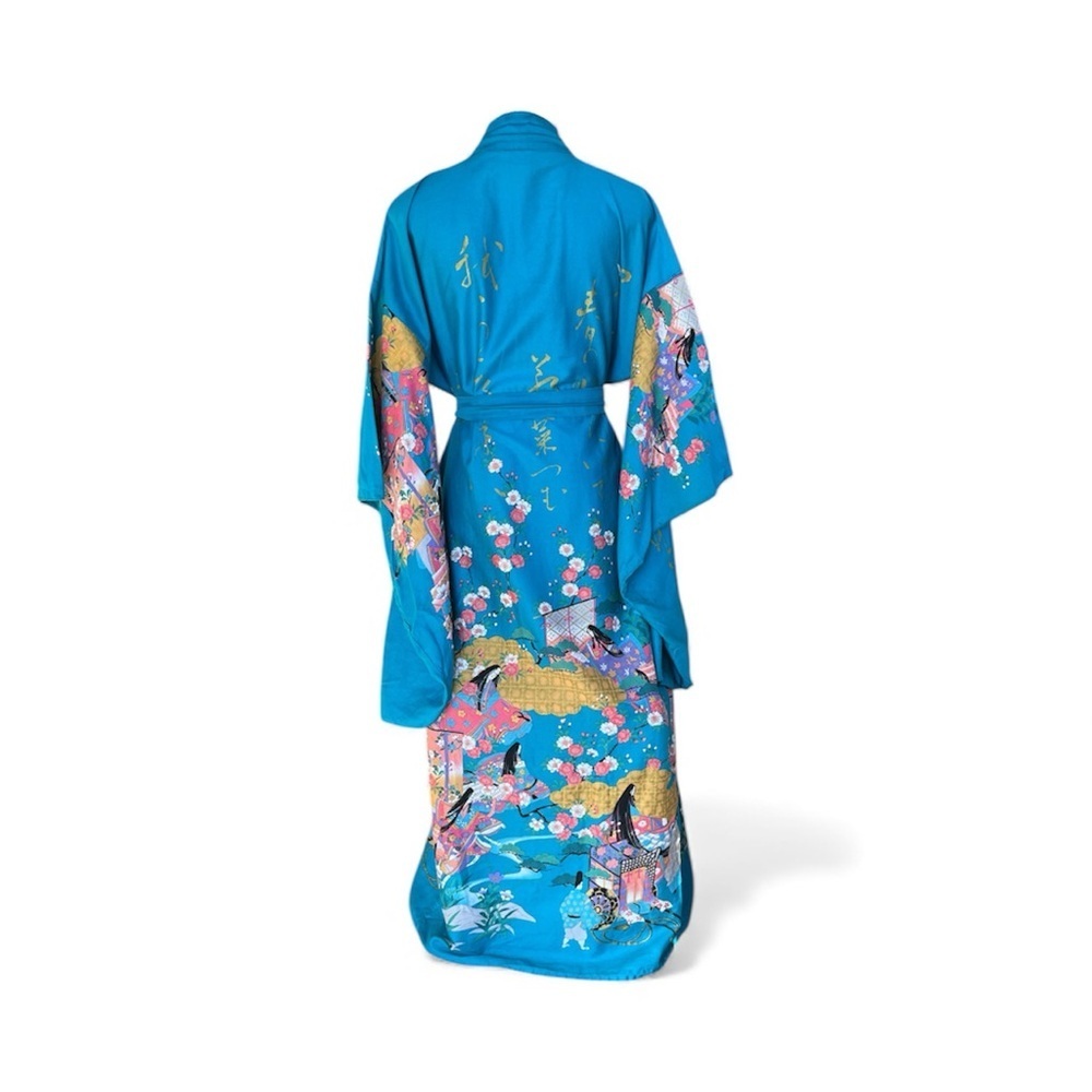Smithsonian Turquoise Floral Kimono Robe 100% Cotton Women’s Size M Japan - Picture 5 of 11